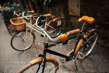 Fototapeta na wymiar Vintage bicycle, brown and white bicycles on the city street Rome. The bicycle parked outside building with green plants in a small street. Retro / vintage style.