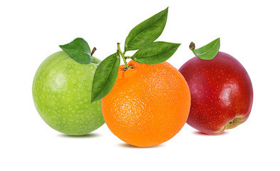 apples and orange isolated on white background