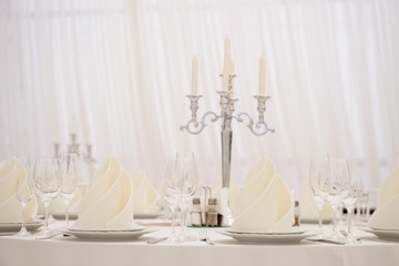 Close up view of wedding reception restaurant table