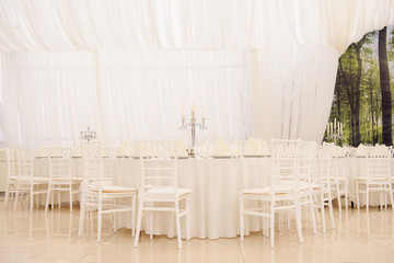 Wide angle view of wedding reception restaurant