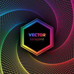 Rainbow colors Halftone dotted vortex hexagon background. Abstract colorful vector illustration