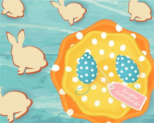 Easter banner with Easter eggs, colored plates, tag, cookies on abstract blue background