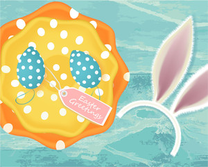 Easter banner with Easter eggs, colored plates, tag, ears of a rabbit on abstract blue background
