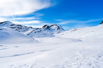 Fototapeta na wymiar Winter landscape on the First mountain in Swiss Alps, Grindelwald ski resort, Switzerland