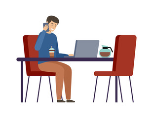 Fototapeta na wymiar Man is drinking coffee and talking on the phone. Freelancer works in a cafe. Vector flat illustration.