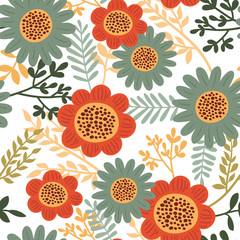 Cute floral seamless pattern. Vector background with flowers and leaves.