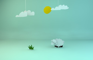 3d render or 3d illustration of miniature landsacpe with sheep and clouds background for kids cartoon.