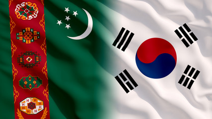 Waving Turkmenistan and South Korea Flags