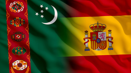 Waving Turkmenistan and Spain Flags