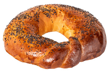 Fresh breakfast bread bagel roll with seeds isolated on white background