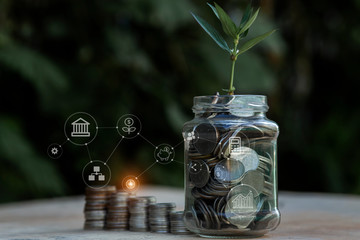 Business growth with coins and green background. Finance And Investment Concept.