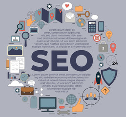 Circle shaped SEO icons set composition. Simple color icons for seo, business and social media marketing