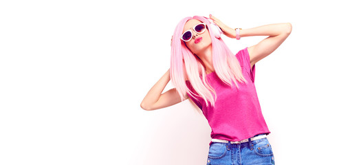 DJ Girl hipster, pink fashion hair dance enjoy listening music. Party fashionable swag cool style. Music vibrations, clubbing. Happy party pink DJ dancing on white. Leisure music lover concept