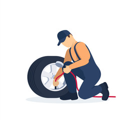 Mechanic checking air pressure. Check wheel in service. Vector illustration in flat style.