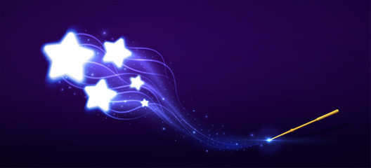 Golden magic wand, flying stars spell. Vector illustration.