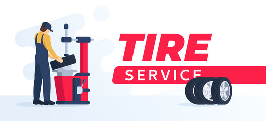 Tire service concept. Сar mechanic doing their work. Vector illustration in flat / cartoon style.