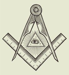 Square and compasses and an eye of providence. Vintage freemason symbol. Occult vector illustration.