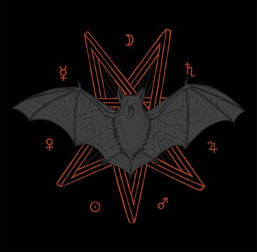 Bat with a seven pointed star and planet symbols magic t-shirt print.