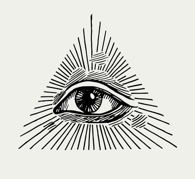 Eye of providence in the triangle shine of glory. Vintage masonic occult symbol illustration
