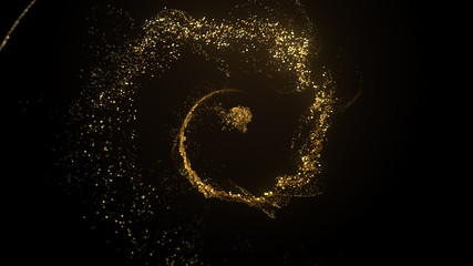 Beautiful luxury background 3d render with golden particles and light bloom. Metal particles flow.