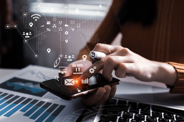 Hands of business people working with documents on office table. Double exposure Concept.	