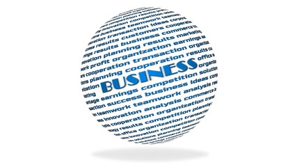 world ball with business lettering and shadow on the ground - word BUSINESS as title in blue colour - isolated on white background - 3D illustration