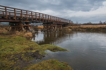 Wooden bridge over the Pilica river near Przedborz, Lodzkie, Poland