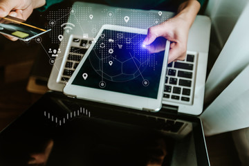 Double exposure of hands making notes with forex chart hud. Stock market concept.