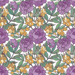 Realistic floral seamless pattern. Vector background with flowers and leaves.
