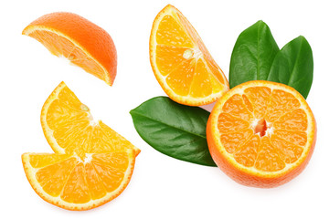 orange with green leaf isolated on white background top view