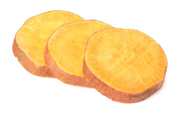 sliced sweet potatoes isolated on white background