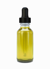 Realistic bottle with black cap and soft rubber dropper. Vector glass bottle for concept of herbal alternative medicine, cbd oil, pharmaceutical or parfums industry. Easy to change fluid color