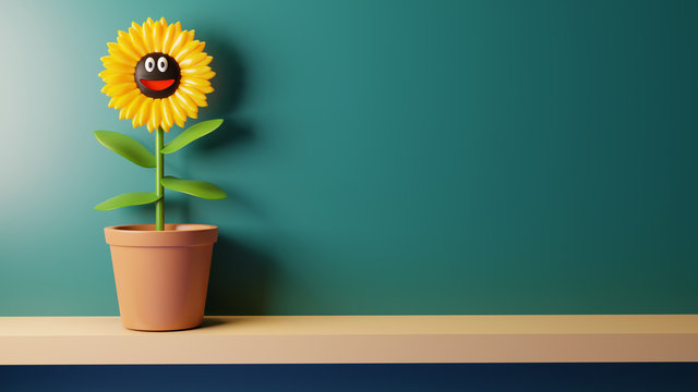 3d Cheerful sunflower plant in flower pot catching some sun on a shelf by a window