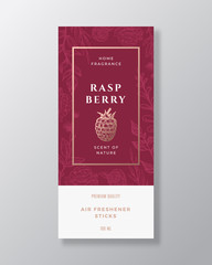 Raspberry Home Fragrance Abstract Vector Label Template. Hand Drawn Sketch Flowers, Leaves Background and Retro Typography. Premium Room Perfume Packaging Design Layout. Realistic Mockup.