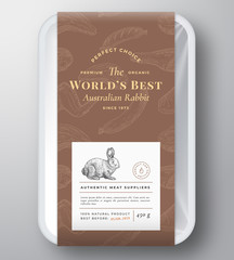 Worlds Best Rabbit Abstract Vector Plastic Tray Container Cover. Premium Meat Vertical Packaging Design Label Layout. Hand Drawn Hare, Steak, Sausage, Wings and Legs Sketch Pattern Background.