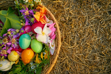 Fototapeta na wymiar Lay eggs and flowers in a flower basket on a light brown grass.