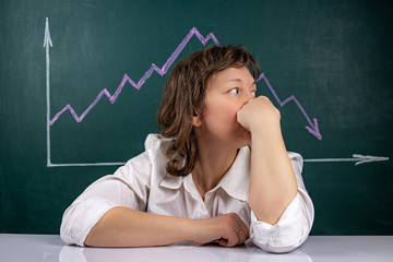 The concept of a business crisis, a young business woman, thoughtful, in the background is a stock chart with a negative trend.
