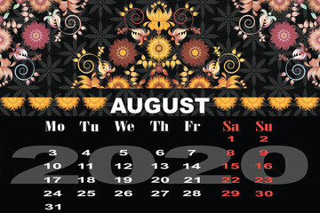 Calendar decorative flowers folk. Decorative floral pattern. Design element set.August2020