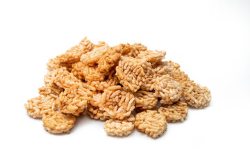 crispy rice crackers on white background  - popular snack in Thailand