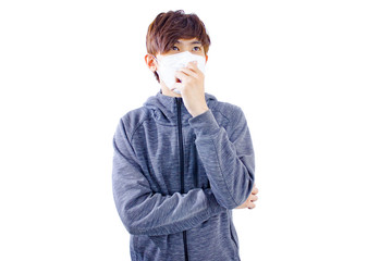 Asian man wearing mask to prevent virus and PM 2.5 dust isolate.