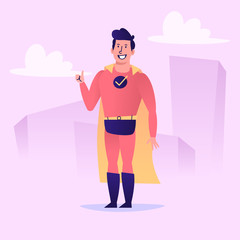 Superhero smiles and shows thumb up. Vector character