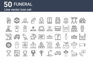 set of 50 funeral icons. outline thin line icons such as customer service, black ribbon, wreath, graveyard, funeral, wreath, military - obrazy, fototapety, plakaty