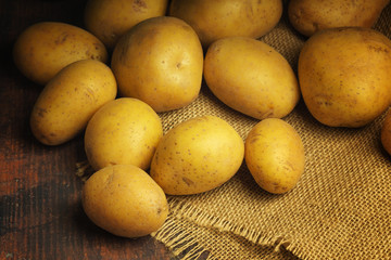 Potato and sack on a wooden table