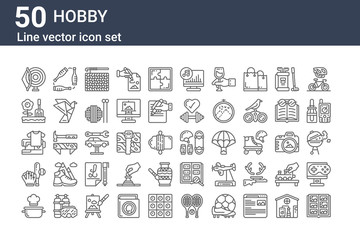set of 50 hobby icons. outline thin line icons such as scrapbook, pot, baseball, sewing, gardening, juggling, skateboarding