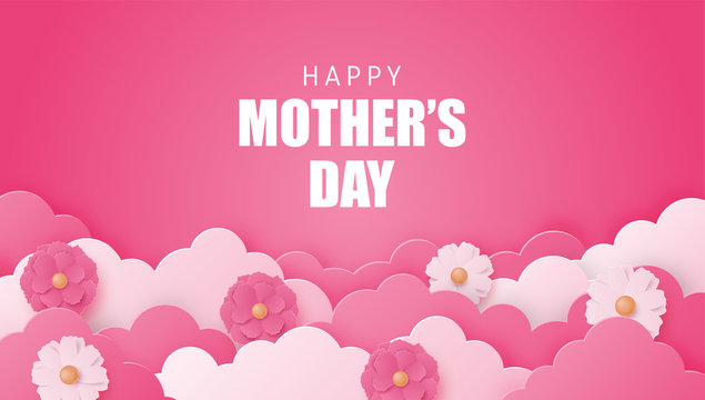 Happy Mother's day poster or banner with flower and cloud on pink in paper cut style. Shopping promotion template for mother's day. Digital craft paper art.
