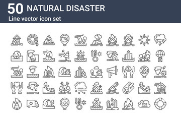 set of 50 natural disaster icons. outline thin line icons such as float, burning, charity, ecology and environment, ecology and environment, farming and gardening, buildings