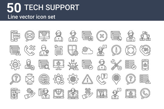 Set Of 50 Tech Support Icons. Outline Thin Line Icons Such As Phone, Smartphone, Search, Settings, Browser, Email, Browser