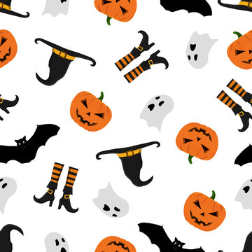 Halloween pattern with pumpkins,bats,ghosts,witch's hat and witch's boots. Halloween background. Seamless pattern design