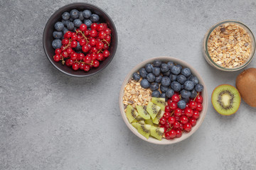 Healthy delicious Breakfast. Muesli with blueberries, red currants, kiwi and yogurt.