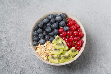Healthy delicious Breakfast. Muesli with blueberries, red currants, kiwi and yogurt.
